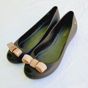 Melissa Women's Black Peep Toe Ultragirl Sweet Bow Flats - size 5